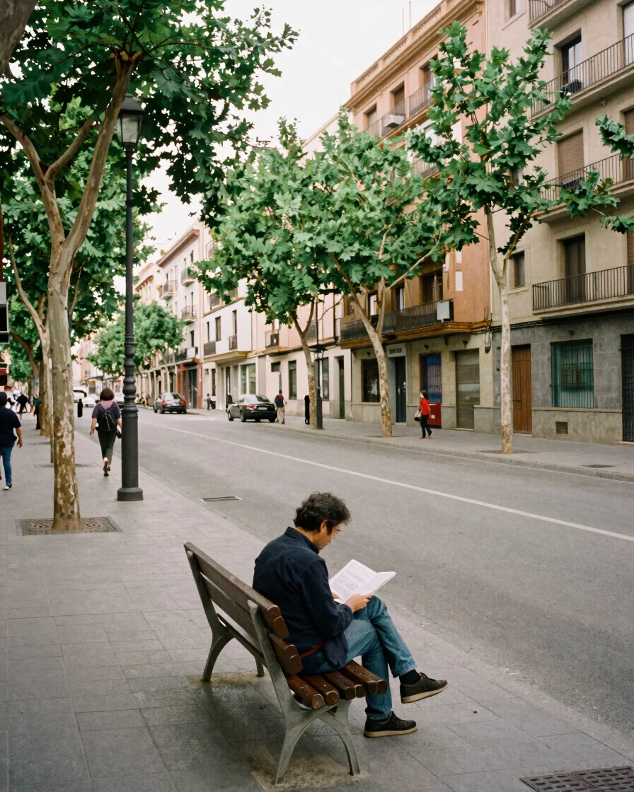 Editorial documentary photograph of an everyday Spanish residential street in soft natural daylight, a quiet pedestrian